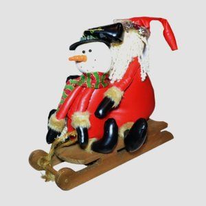 Christmas Decor Santa And Snowman Riding a Sled Shelf Display  Table Centerpiece